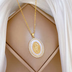 Gold Stainless Steel Diamond Portrait Oval Necklace