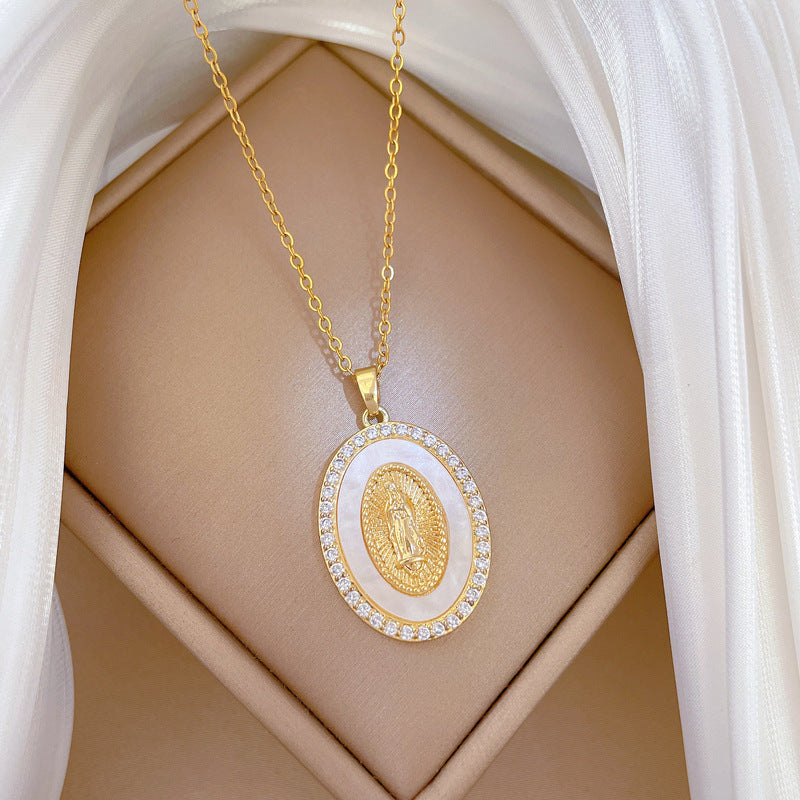 Gold Stainless Steel Diamond Portrait Oval Necklace