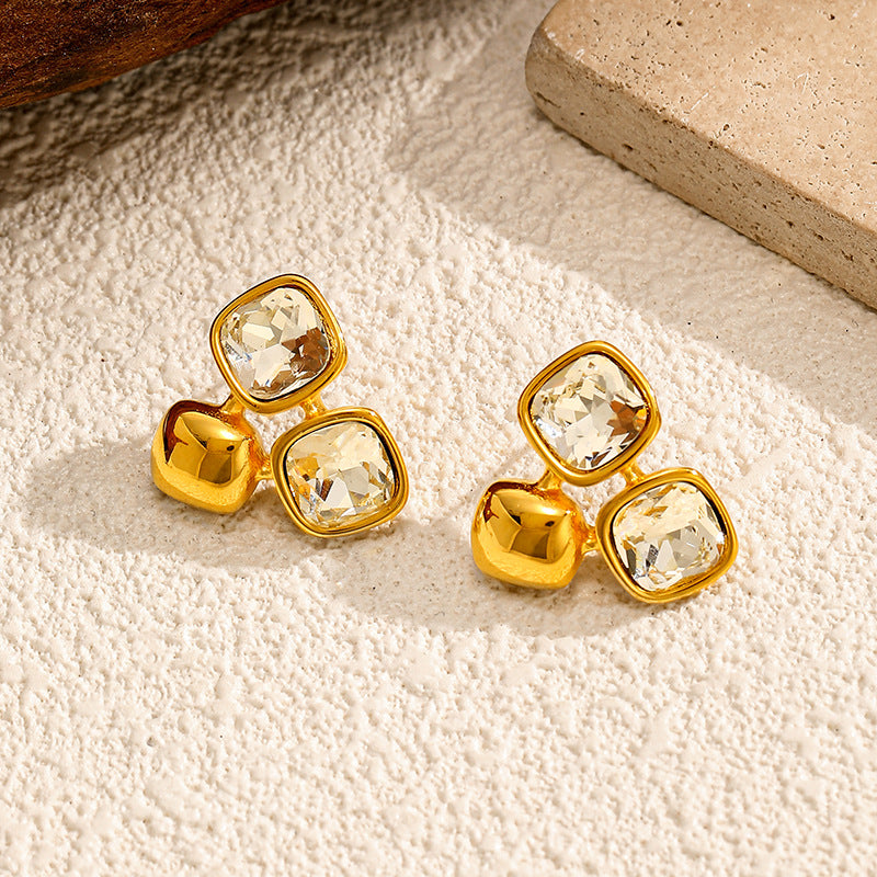 Gold 316l Stainless Steel Diamond-set Square Stud Earrings