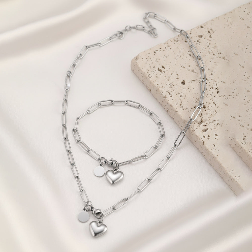 Silver Stainless Steel Heart Necklace And Bracelet Set