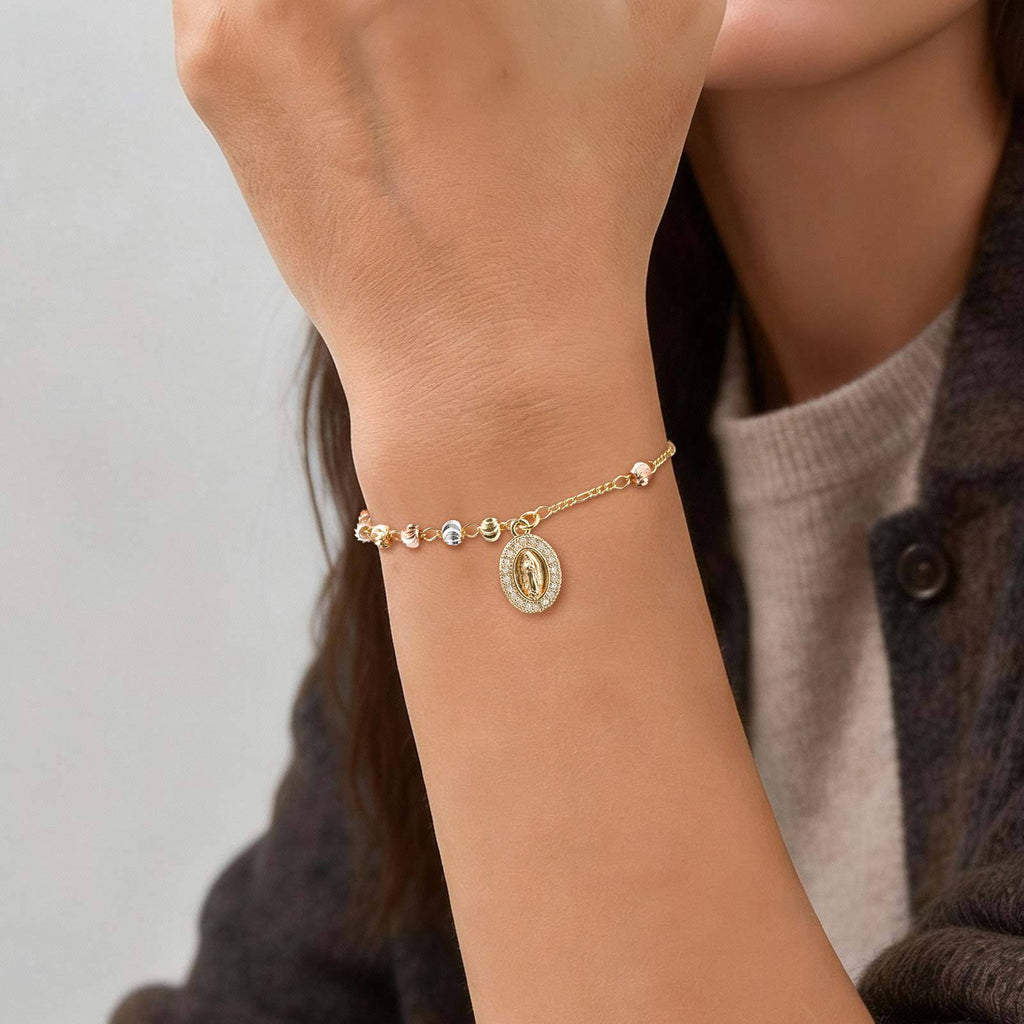 Gold Stainless Steel Diamond-encrusted Virgin Mary Bracelet