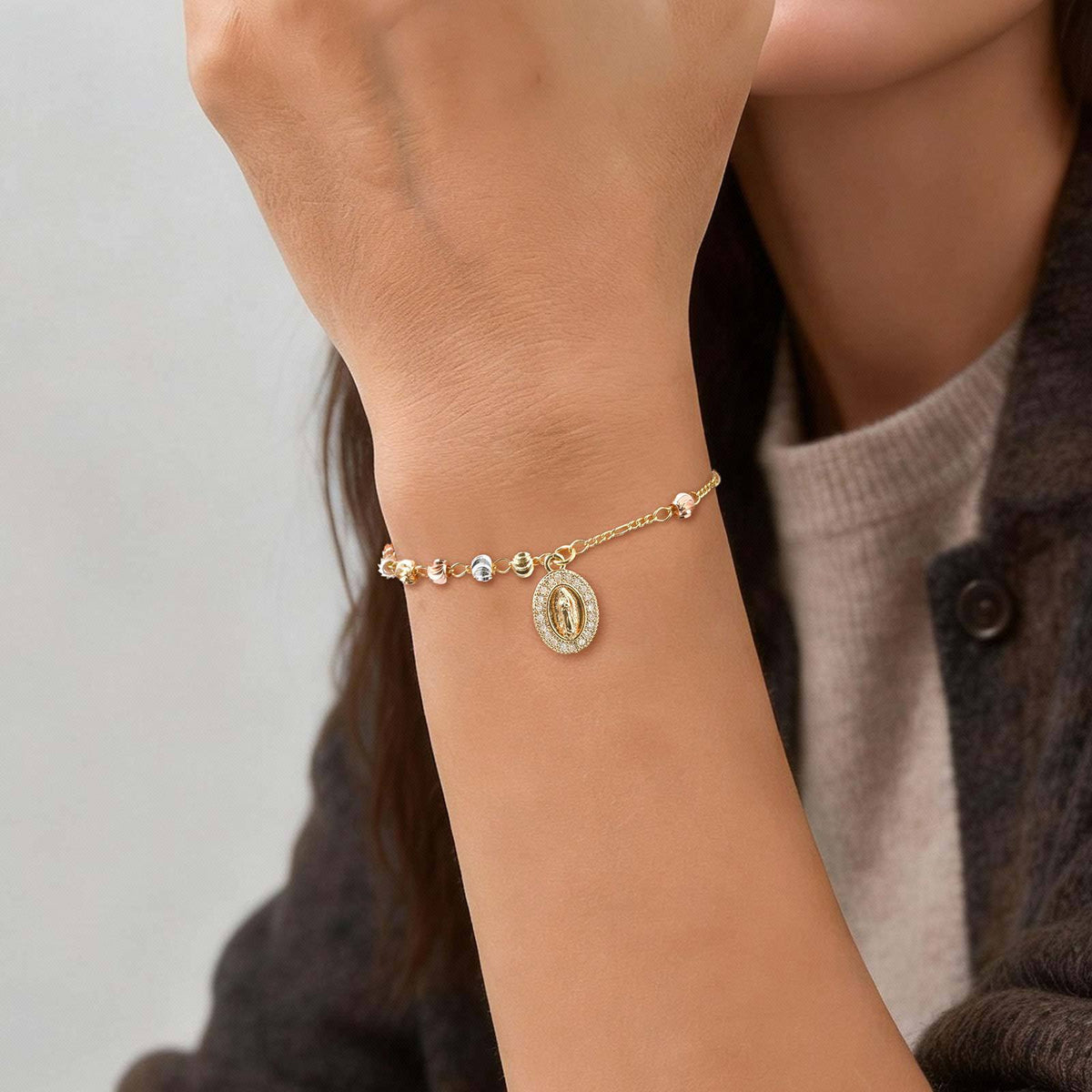 Gold Stainless Steel Diamond-encrusted Virgin Mary Bracelet