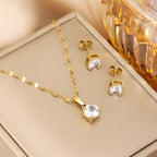 Necklace - Gold - White Zirconium 18k Gold Plated Titanium Steel Zircon Necklace Set