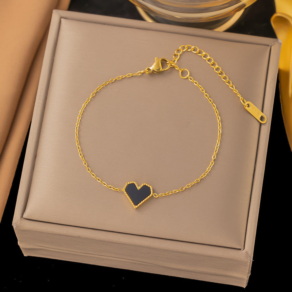 White Pearl Heart Earrings Gold Zircon Clover Steel Necklace Bracelet Set