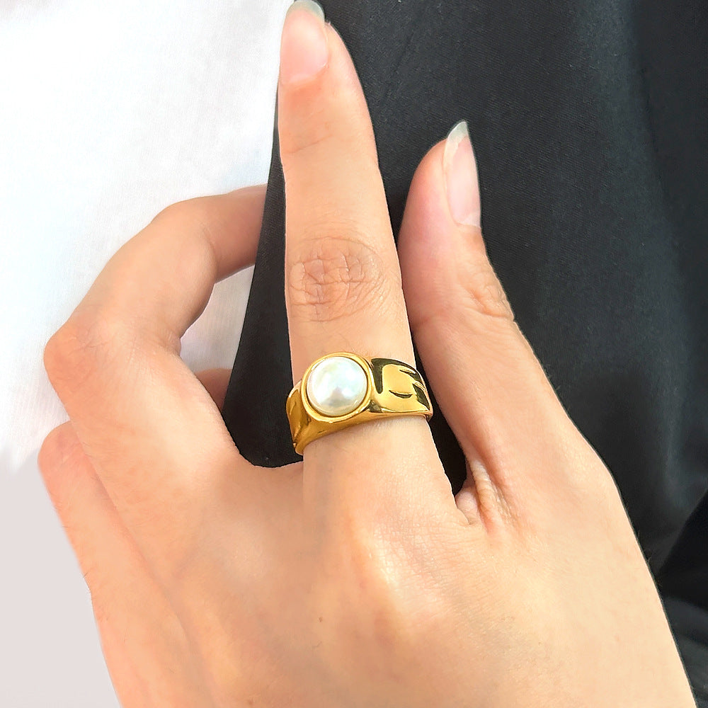 Fashion Gold Stainless Steel Pearl Open Ring