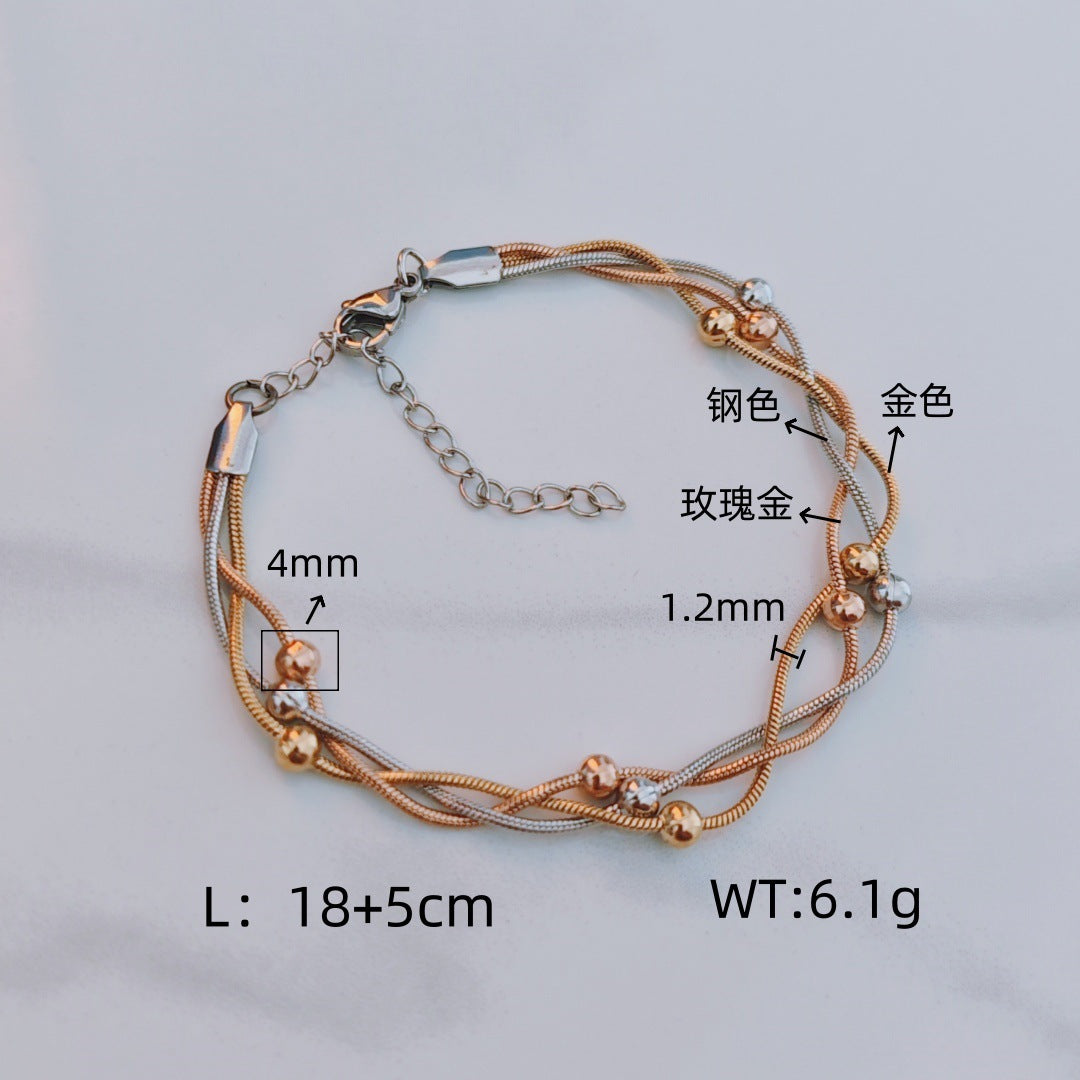 Three-color Gold Stainless Steel Multi-layered Round Snake Bead Bracelet