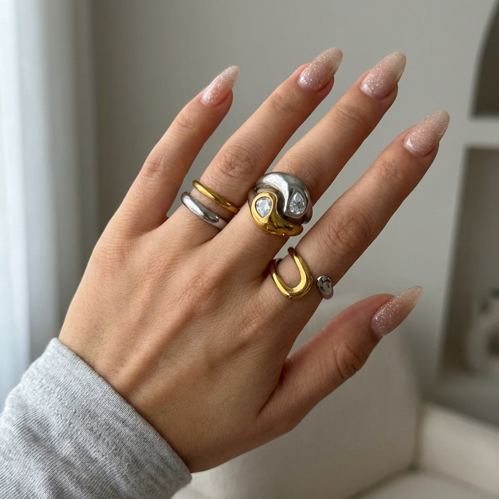 Two-tone 2 3pcs 18k Gold Stainless Steel Color Block Zircon Ring Set