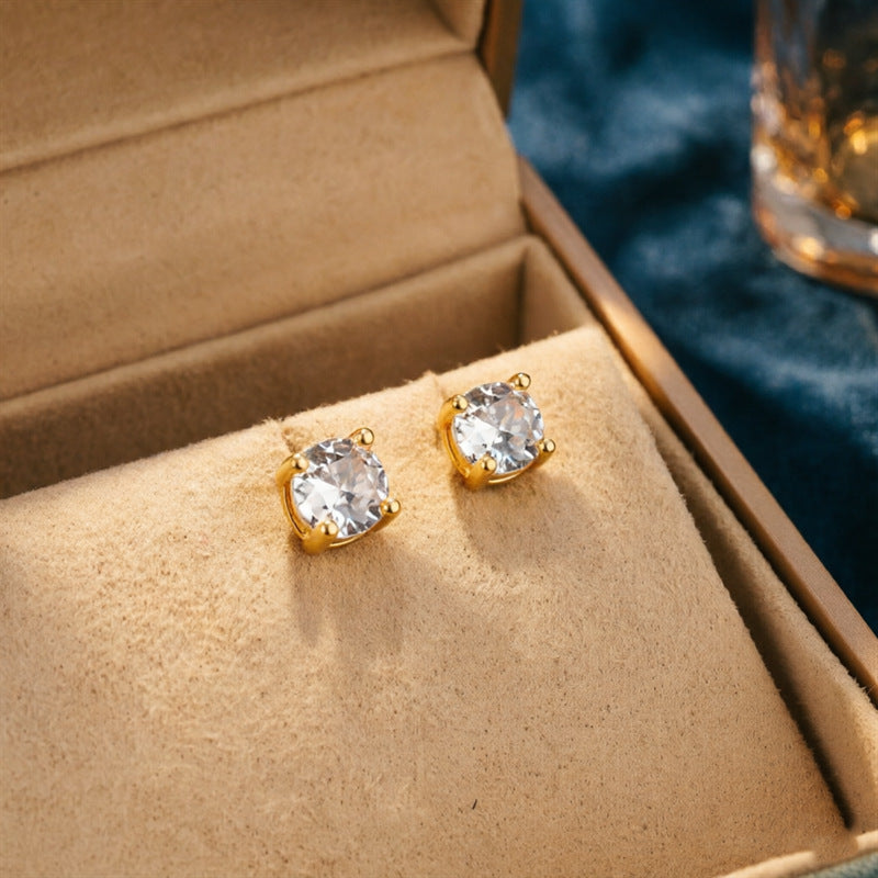 Gold Round Solitaire Zircon Screw Back Studs