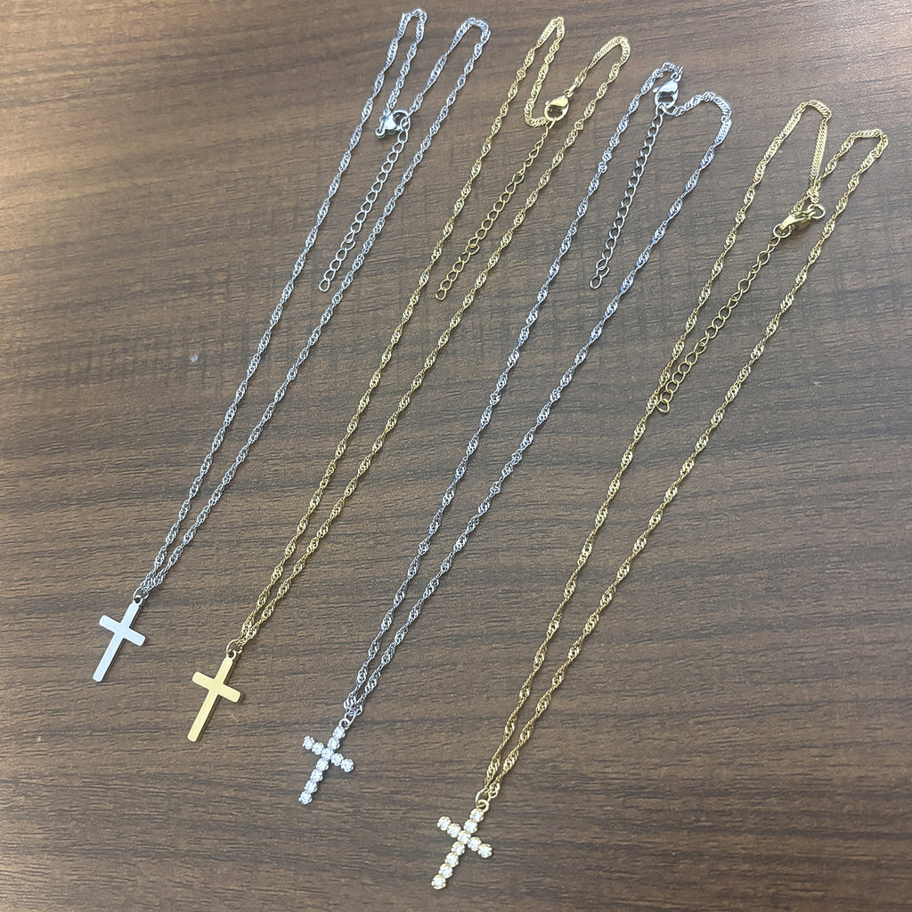 Gold Stainless Steel Diamond Cross Necklace