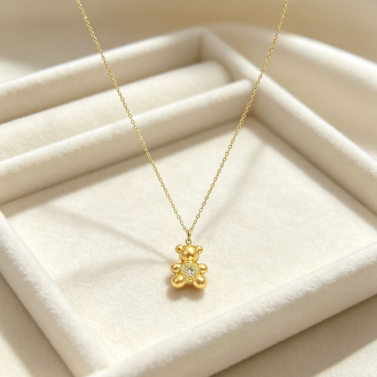 Gold Hollow Heart Bear Pendant Necklace Stainless Steel White Zircon Jewelry