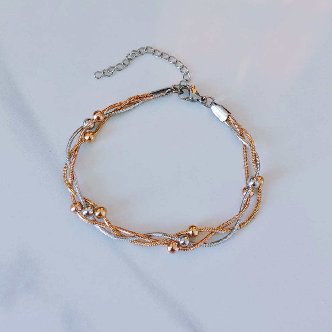 Three-color Gold Stainless Steel Multi-layered Round Snake Bead Bracelet
