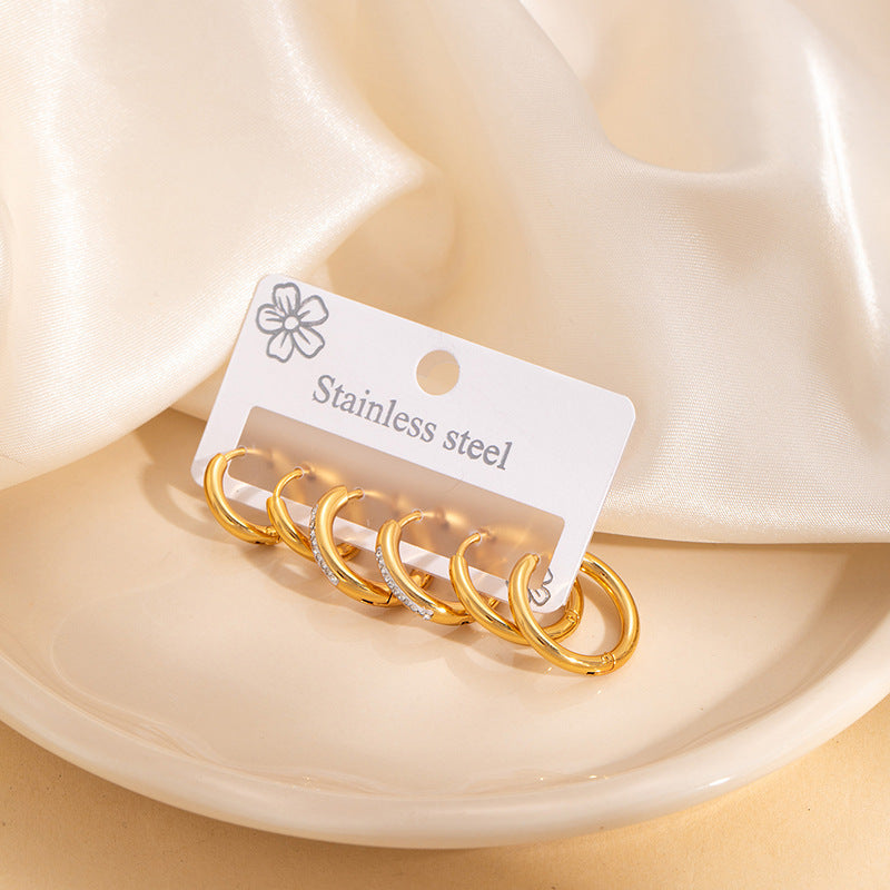Polished Zircon Hoop Earring Set Titanium Steel Diamond-encrusted Round Earring Set