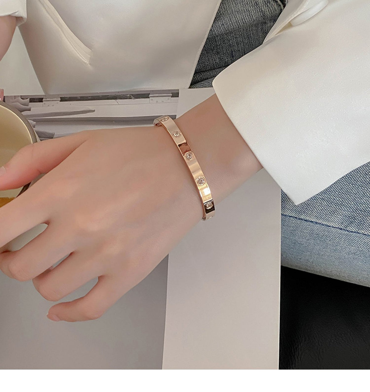 Fashion Silver Titanium Steel Round Open Bracelet With Diamonds