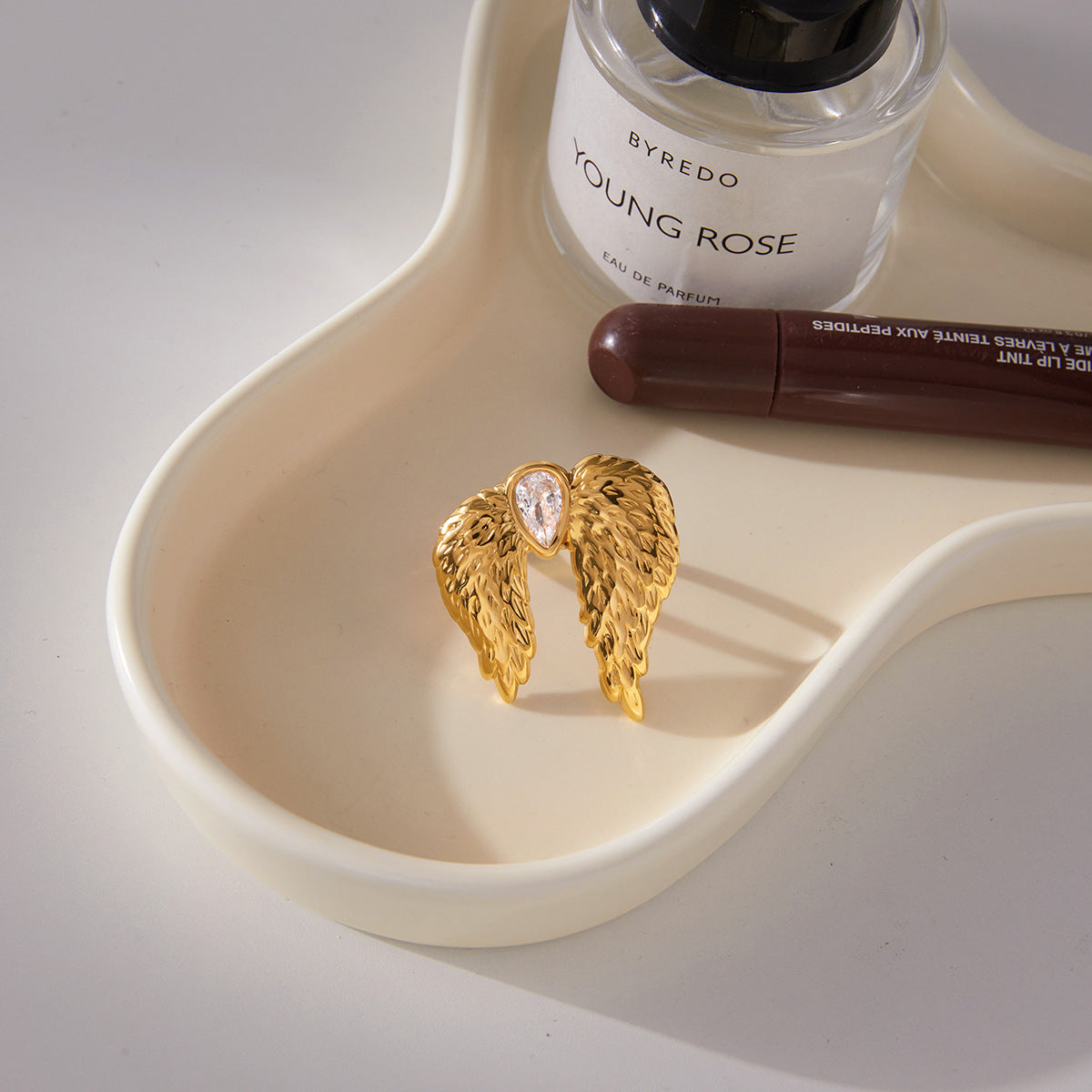 Gold Stainless Steel Diamond-encrusted Wing Ring