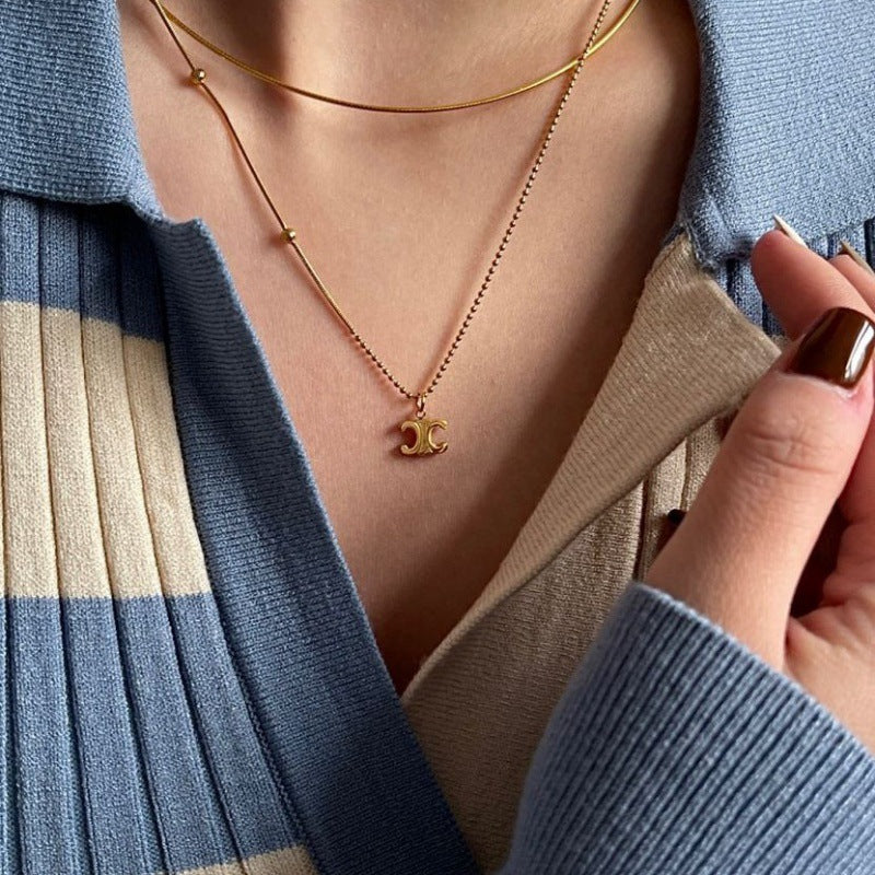 Fashion Gold Titanium Steel Arc De Triomphe Necklace