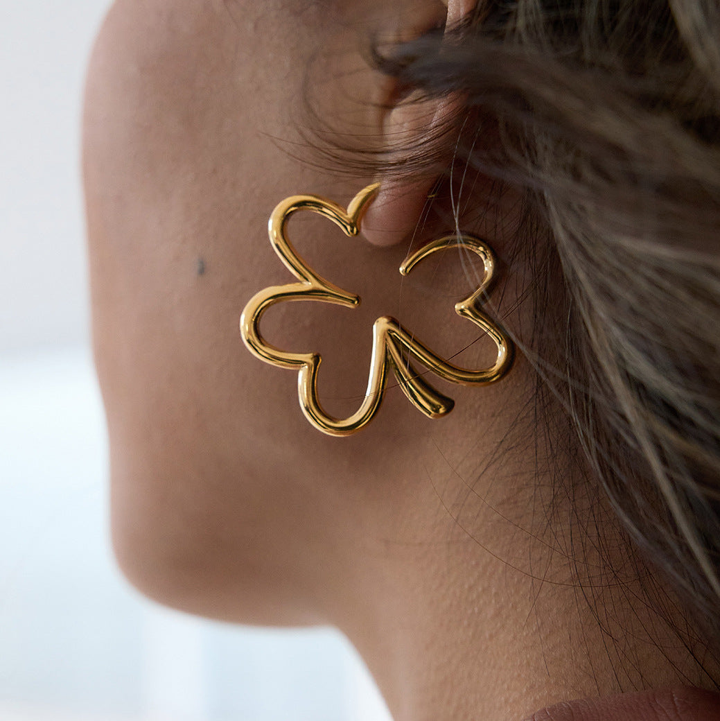 Gold Stainless Steel Openwork Four-leaf Clover Earrings