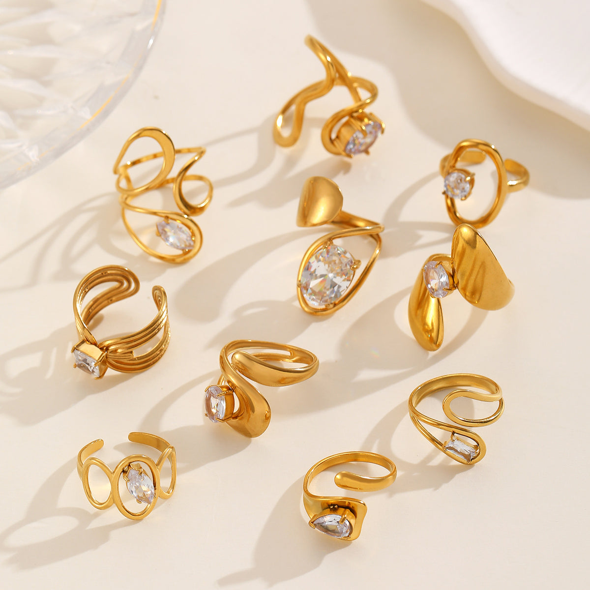 08 Gold (6*6) Irregular Zircon Inlaid Stainless Steel Ring