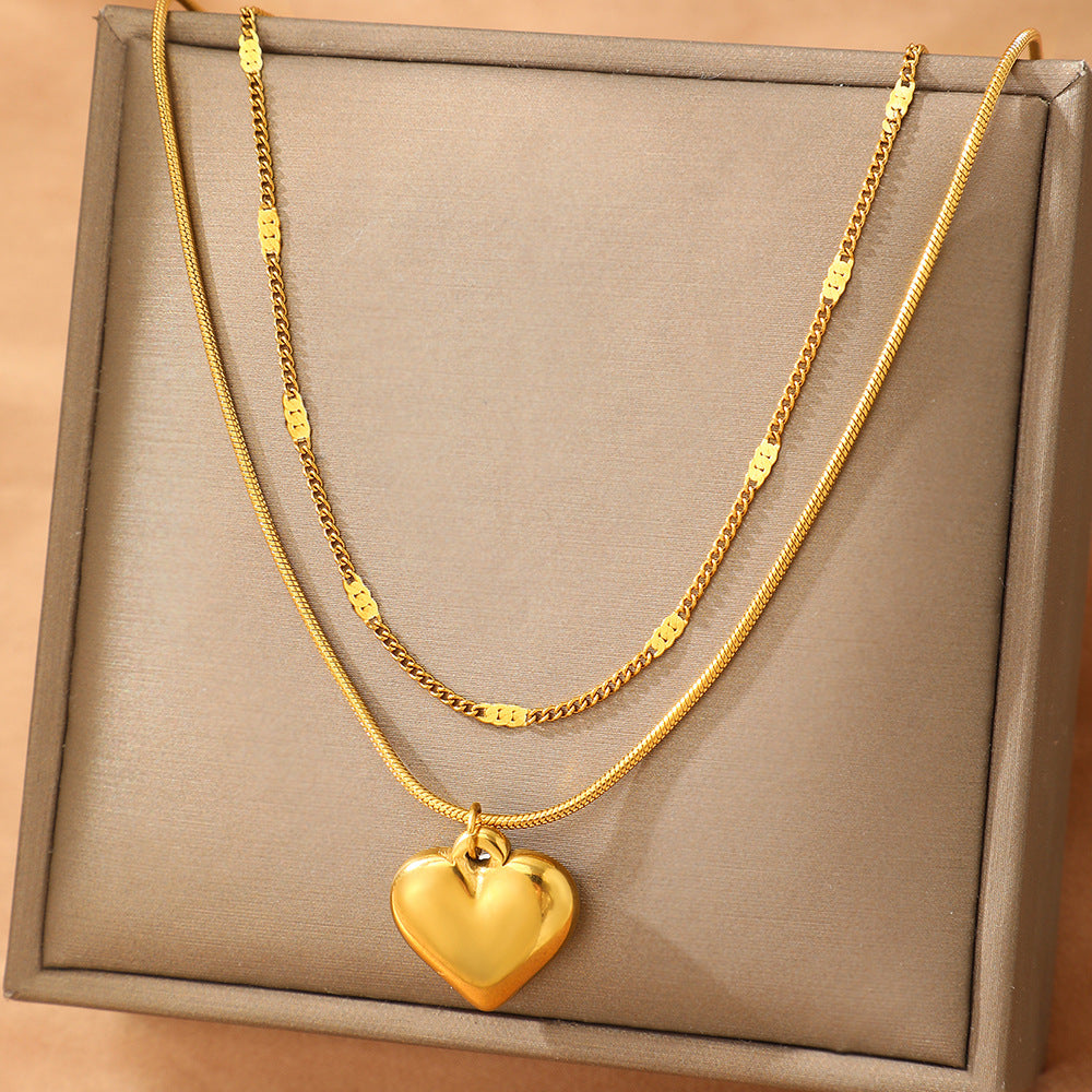 Gold Stainless Steel Heart Double Layer Necklace