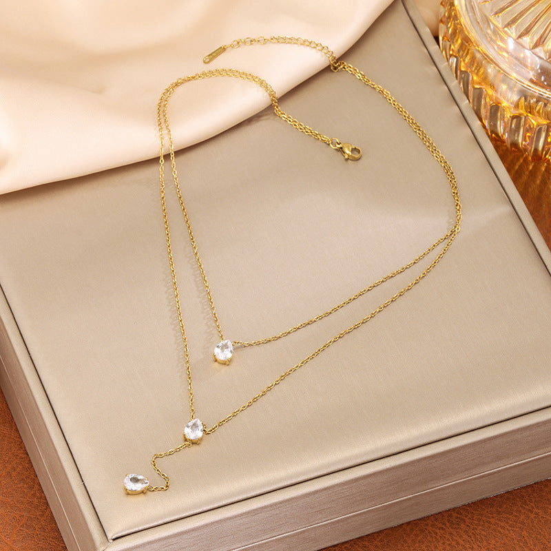 Gold Double-layer White Diamond Necklace Titanium Steel Non-fading Double Layer Zircon Necklace