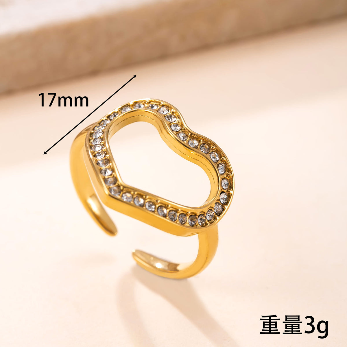 Gold Stainless Steel Diamond-encrusted Heart Ring