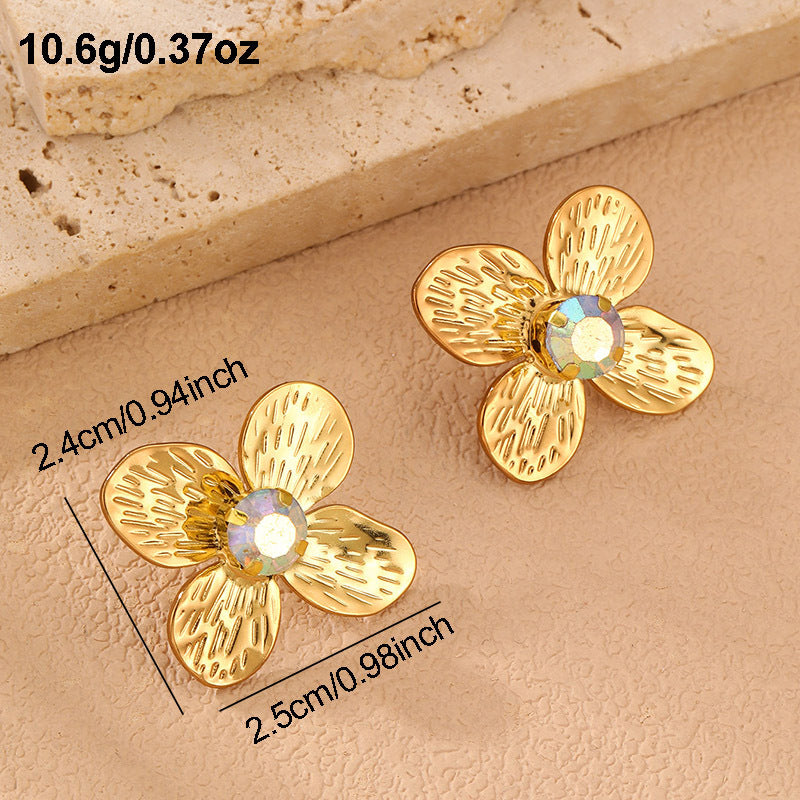 Gold Stainless Steel Zircon Flower Earrings Studs