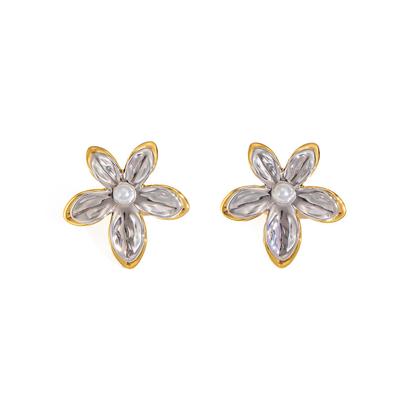 Gold And Silver Color-blocked Square Stud Earrings Titanium Steel Two-tone Flower Earrings