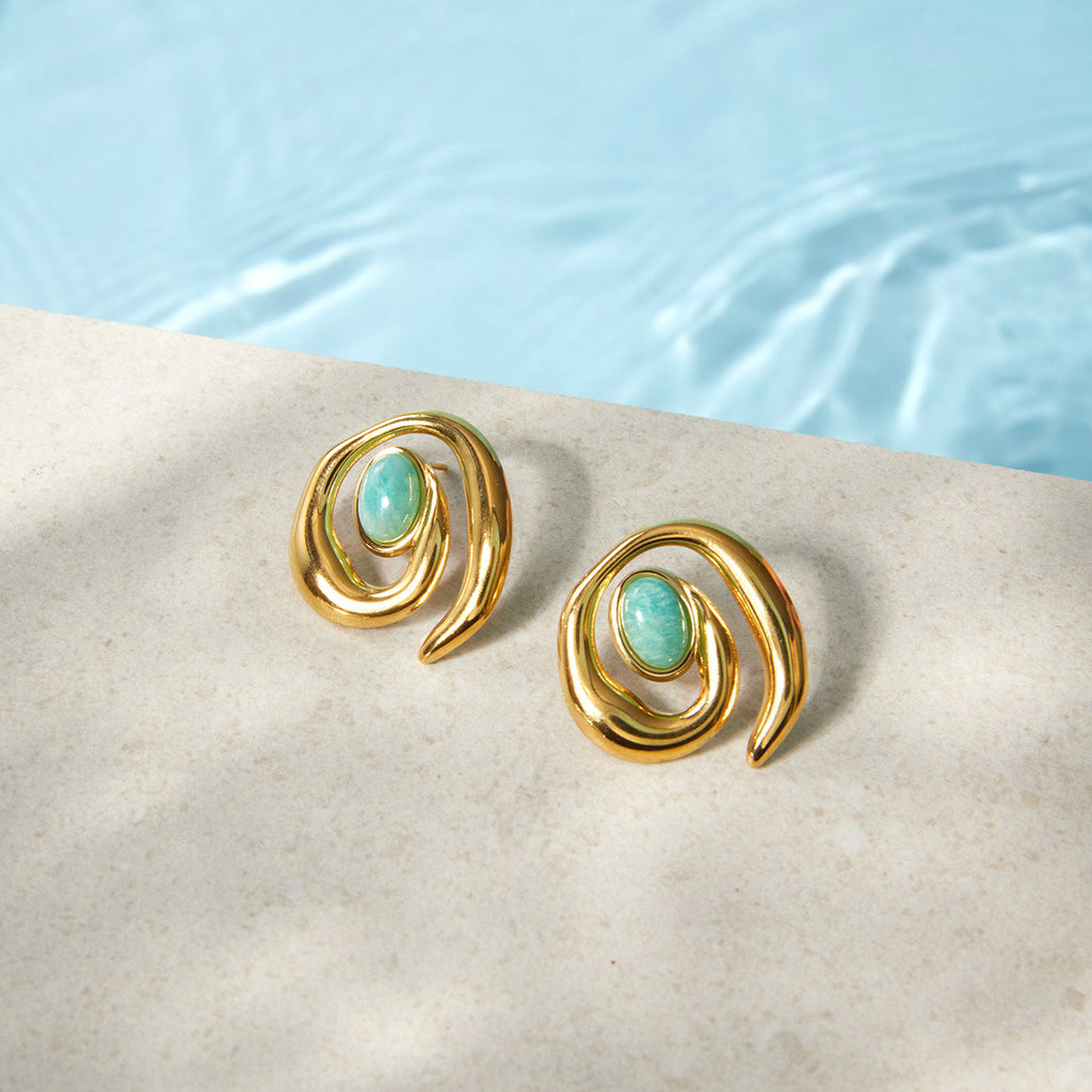 Gold 1 18k Gold Amazonite Titanium Steel Stud Earrings Vacation Style
