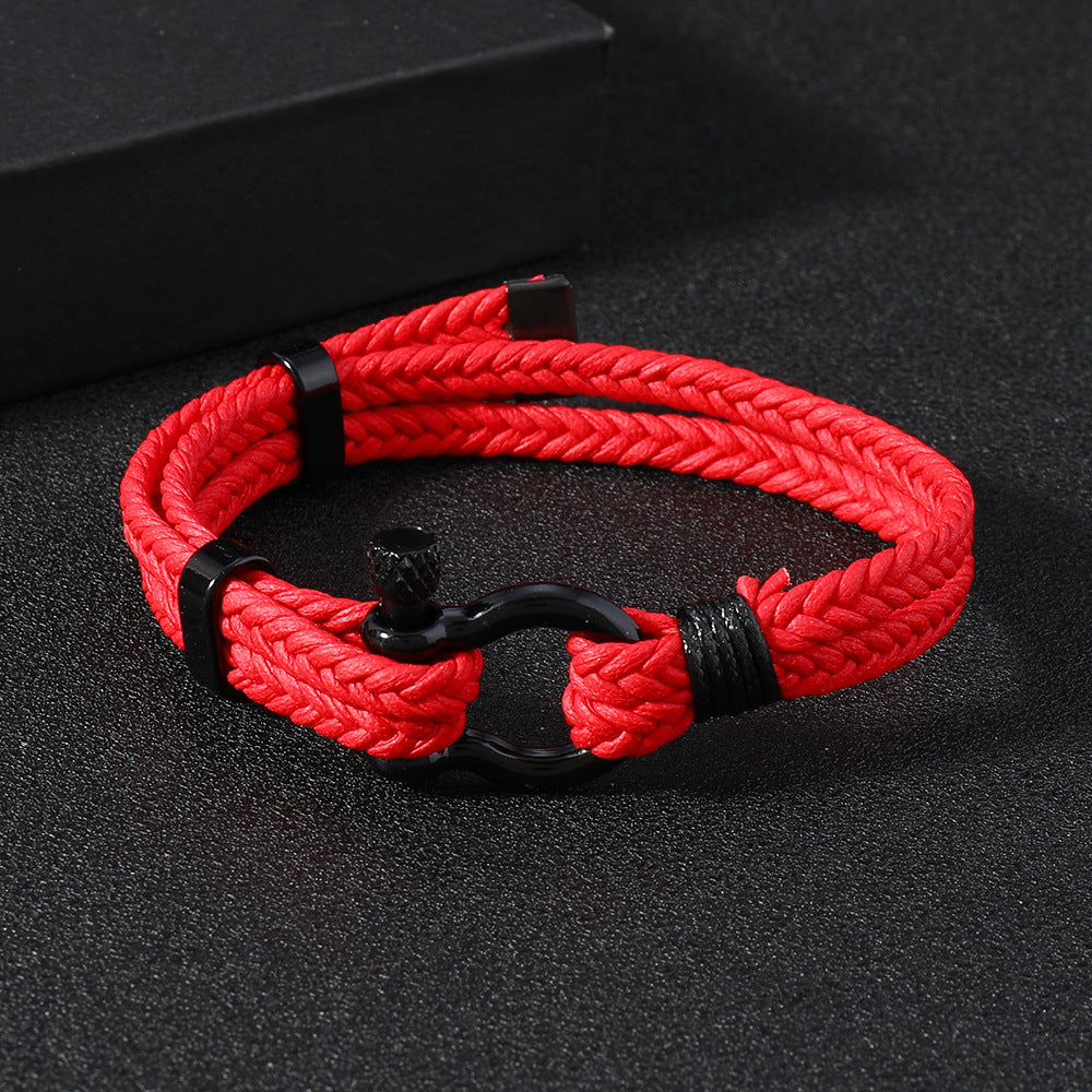 Black Leather Braided Horseshoe Buckle Men's Bracelet
