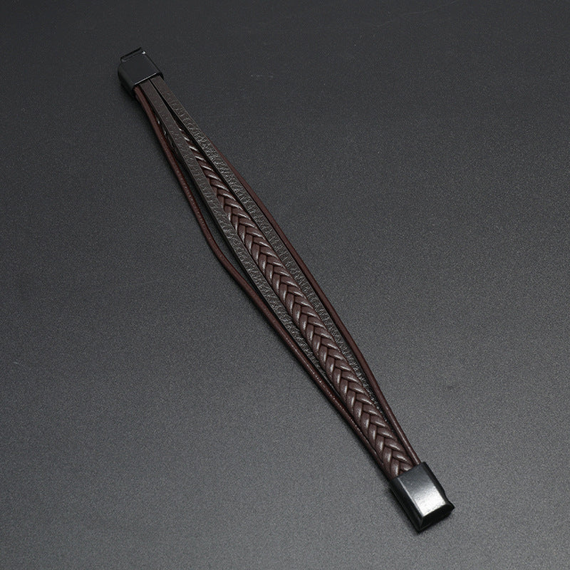 Silver Magnetic Buckle + Black Leather 23cm Multi-layer Braided Magnetic Buckle Men's Bracelet