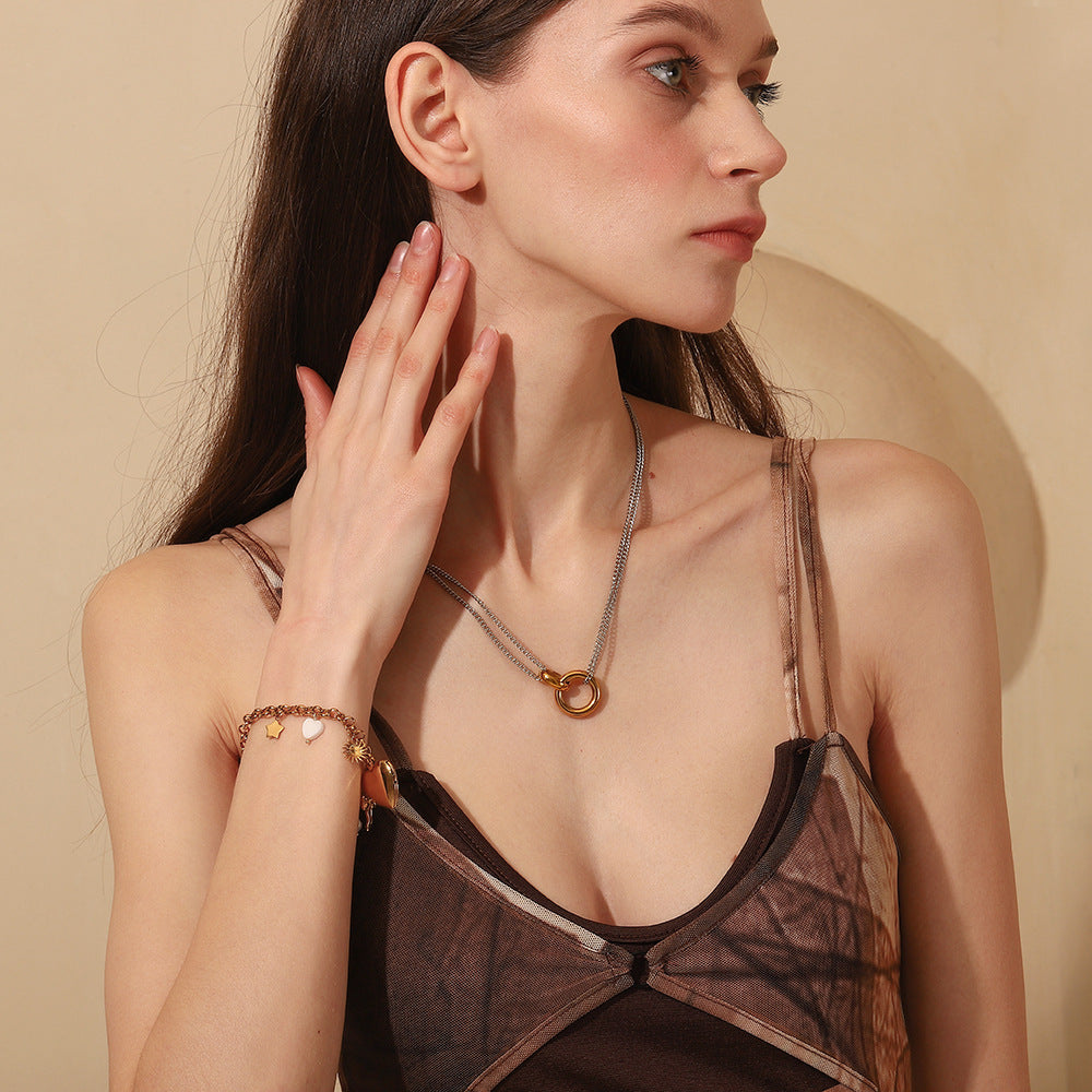 Double Chain Hoop Necklace - Two Colors Stainless Steel Double Chain Ring Necklace