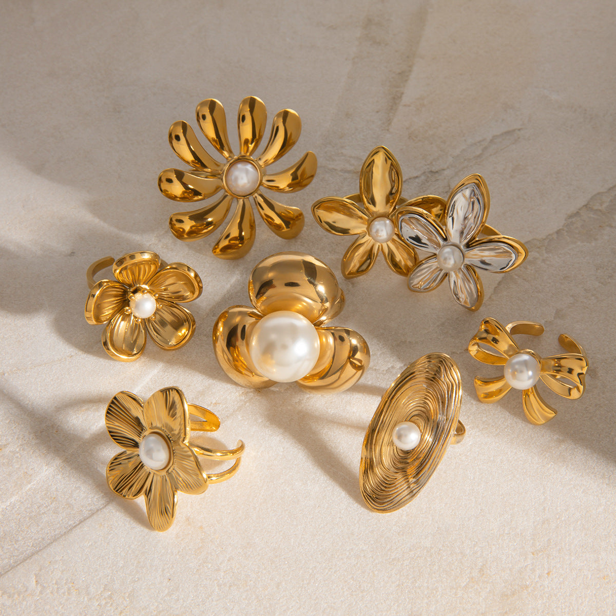 Gold 2 Stainless Steel Flower Pearl Ring