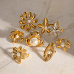 Gold 6 Stainless Steel Flower Pearl Ring