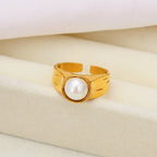 Fashion Gold Stainless Steel Pearl Open Ring