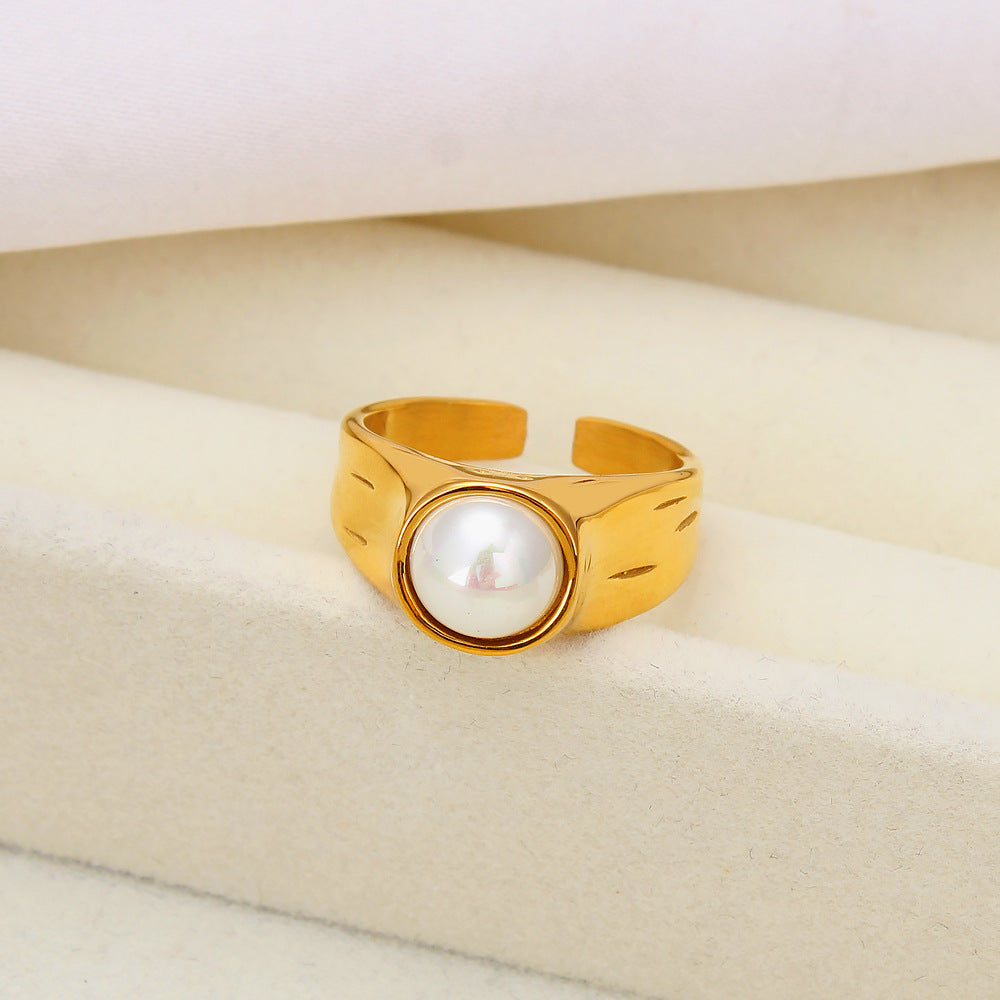 Fashion Gold Stainless Steel Pearl Open Ring