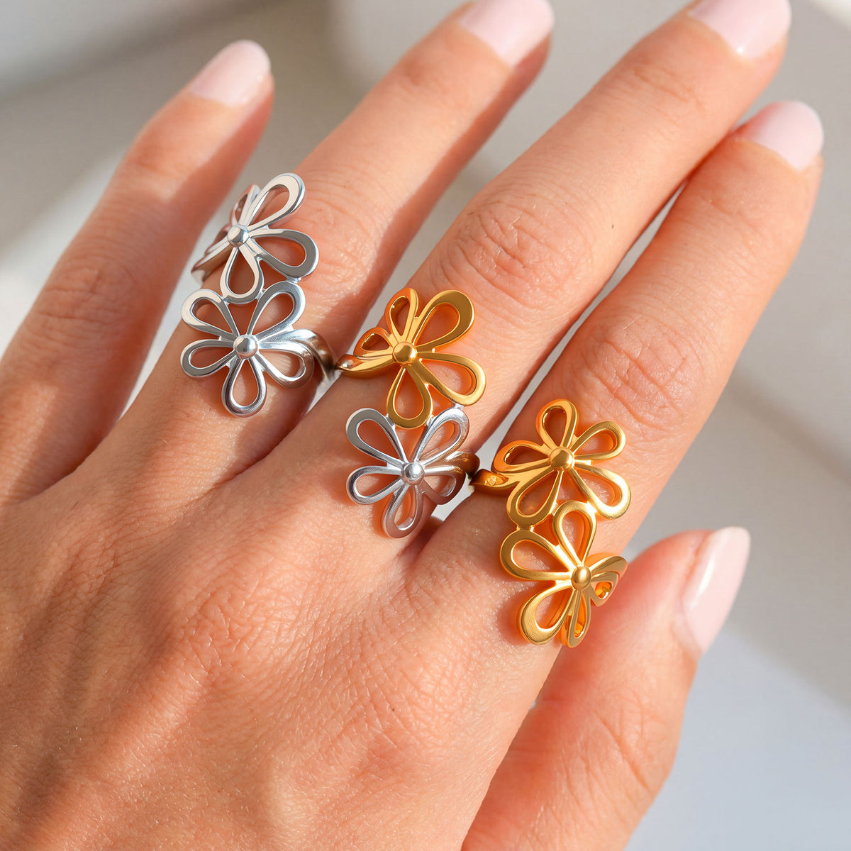 Steel Color Stainless Steel Openwork Flower Ring