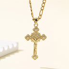 Gold Stainless Steel Diamond-encrusted Cross Necklace