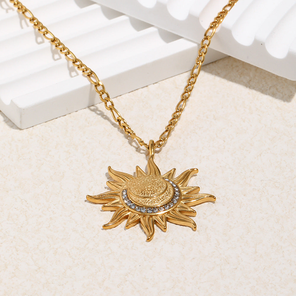 Gold Stainless Steel Diamond Sun Necklace