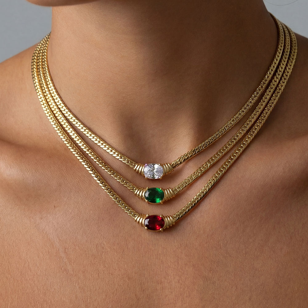 Red Stainless Steel Rhinestone Oval Necklace