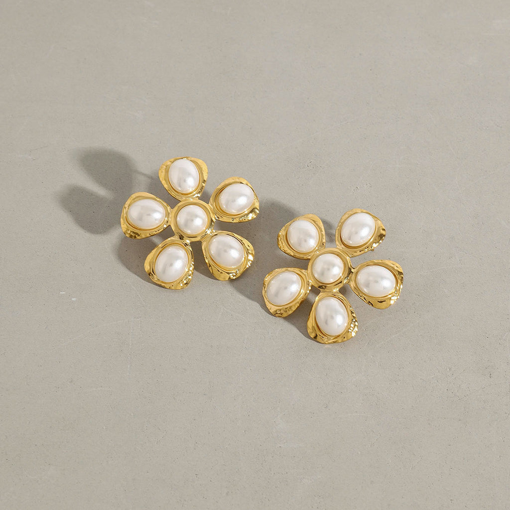 Gold Stainless Steel Pearl Flower Earrings
