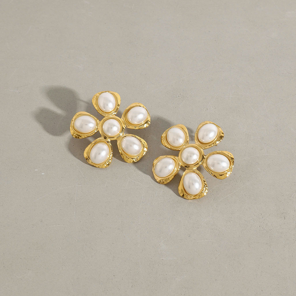Gold Stainless Steel Pearl Flower Earrings