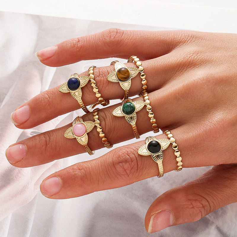European And American Stainless Steel Flower Inlaid Stone Ring Black One By One Stainless Steel Petal Double Ring