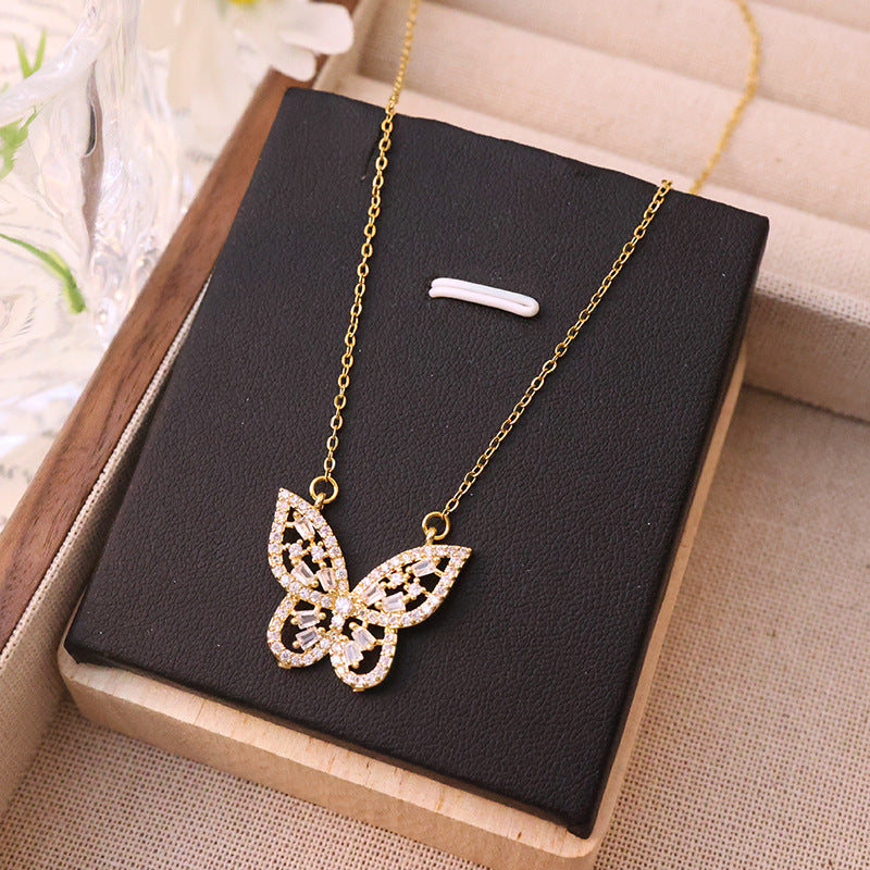 Silver Titanium Steel Diamond Butterfly Necklace