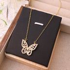 Silver Titanium Steel Diamond Butterfly Necklace