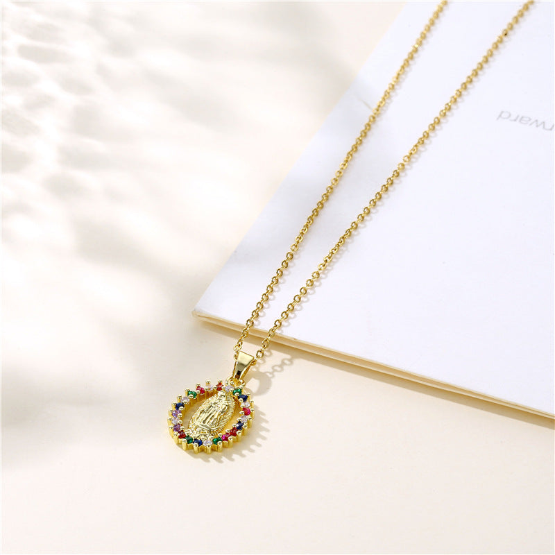 Gold Stainless Steel Diamond-encrusted Virgin Mary Necklace
