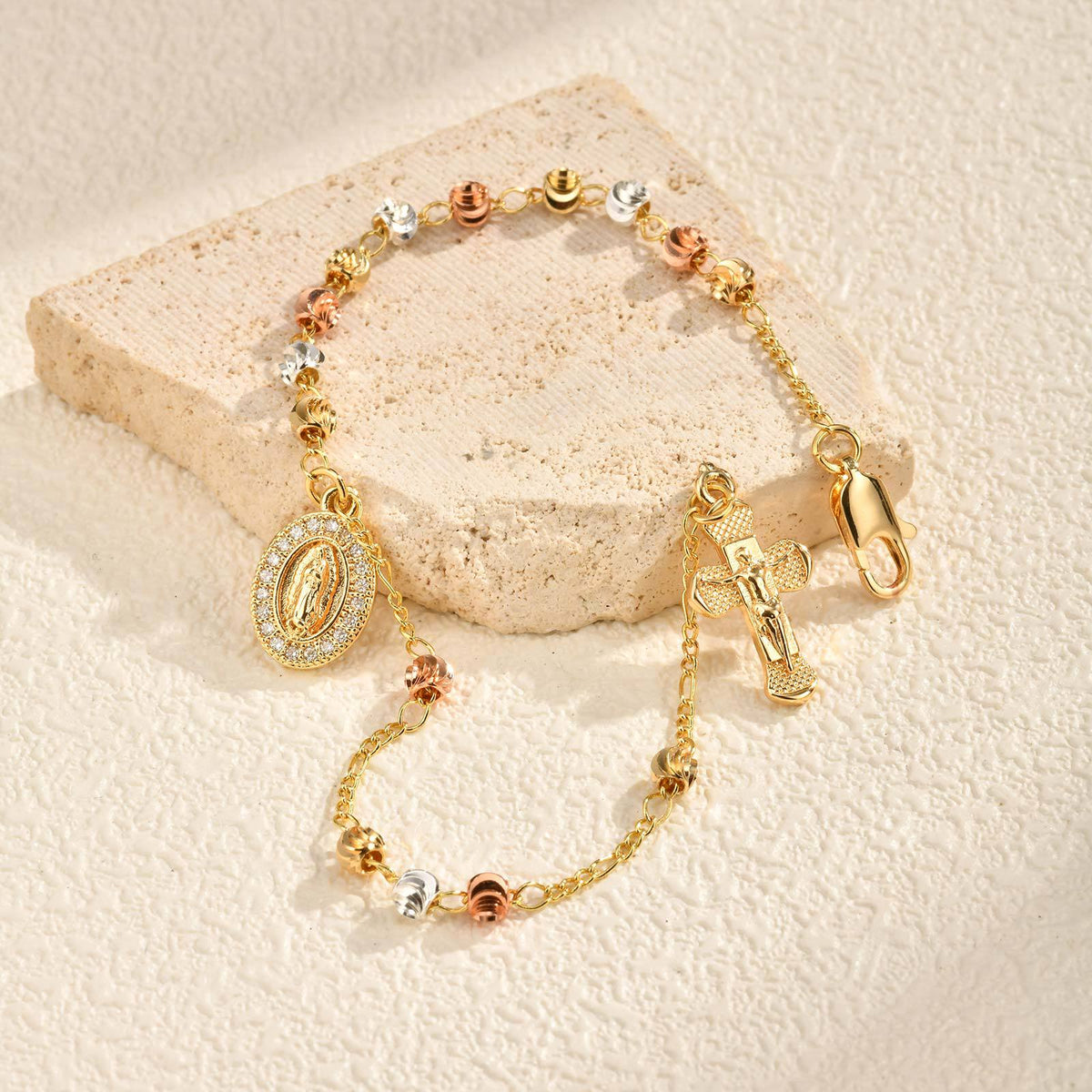 Gold Stainless Steel Diamond-encrusted Virgin Mary Bracelet
