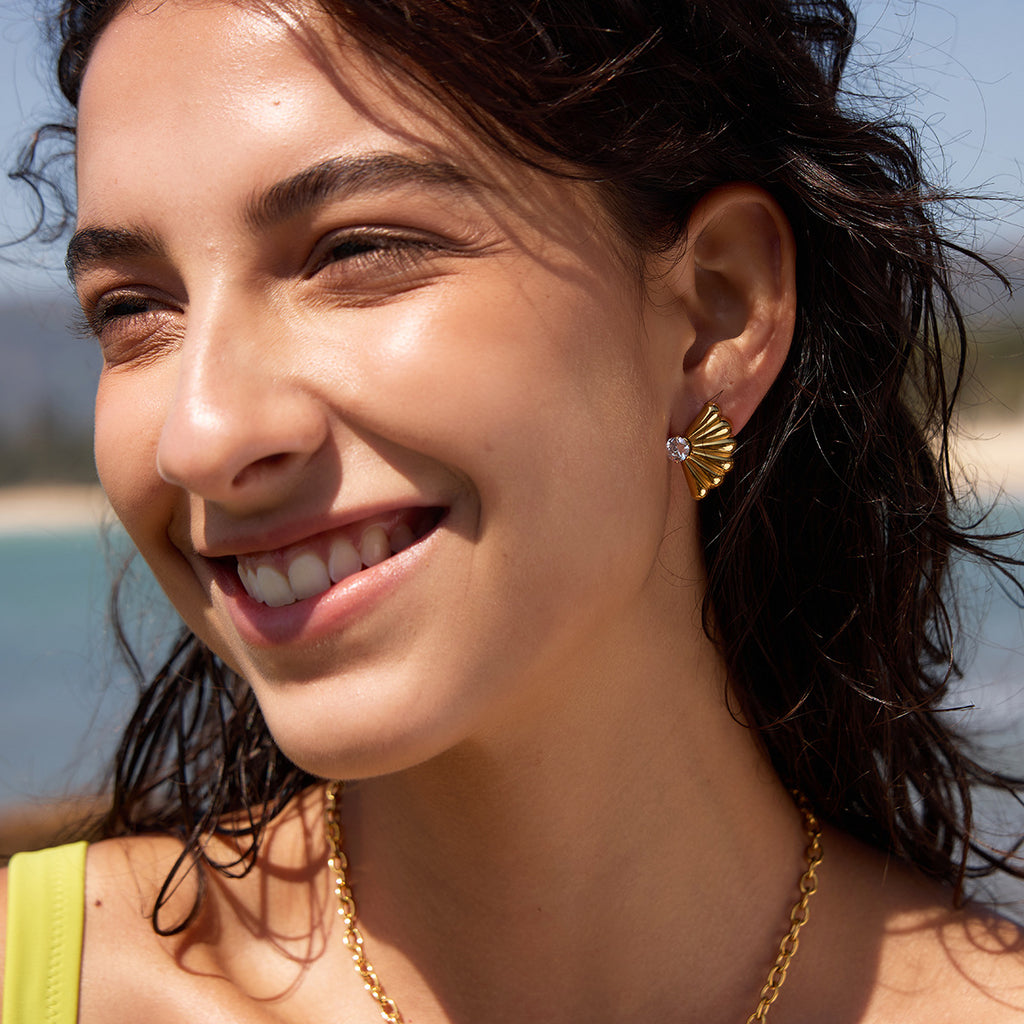 Gold Sparkling Zircon Titanium Steel Stud Earrings
