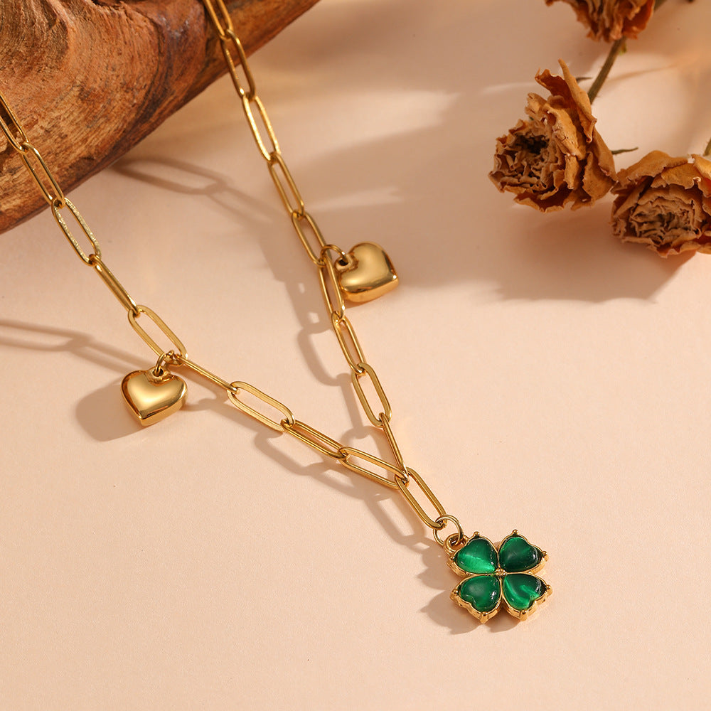 Green Four-leaf Clover Heart Bracelet Stainless Steel Exquisite Clover Heart Link Bracelet
