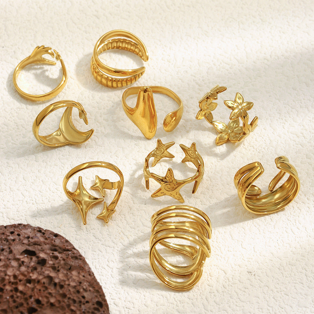 Star And Moon Open Ring-gold Stainless Steel Star And Moon Ring