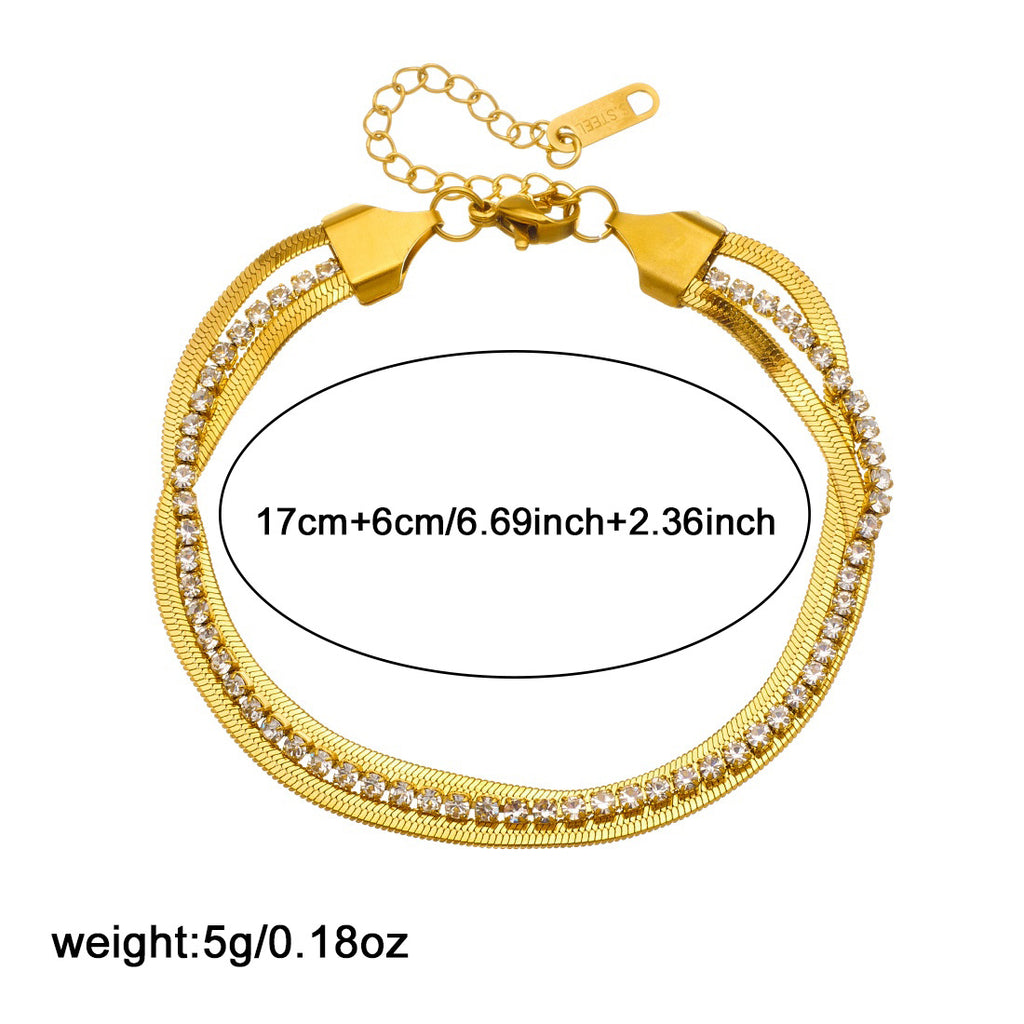 Gold Diamond-encrusted Gold-plated Multi-layered Stainless Steel Chain Bracelet