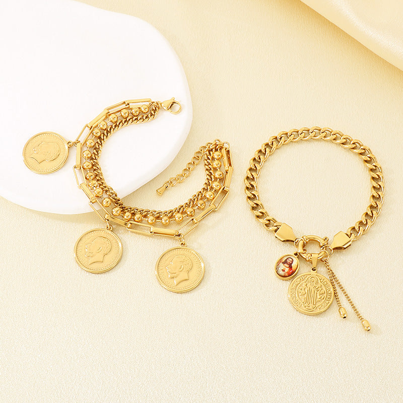 Gold 18k Gold Plated Coin Portrait Cross Cuban Bracelet